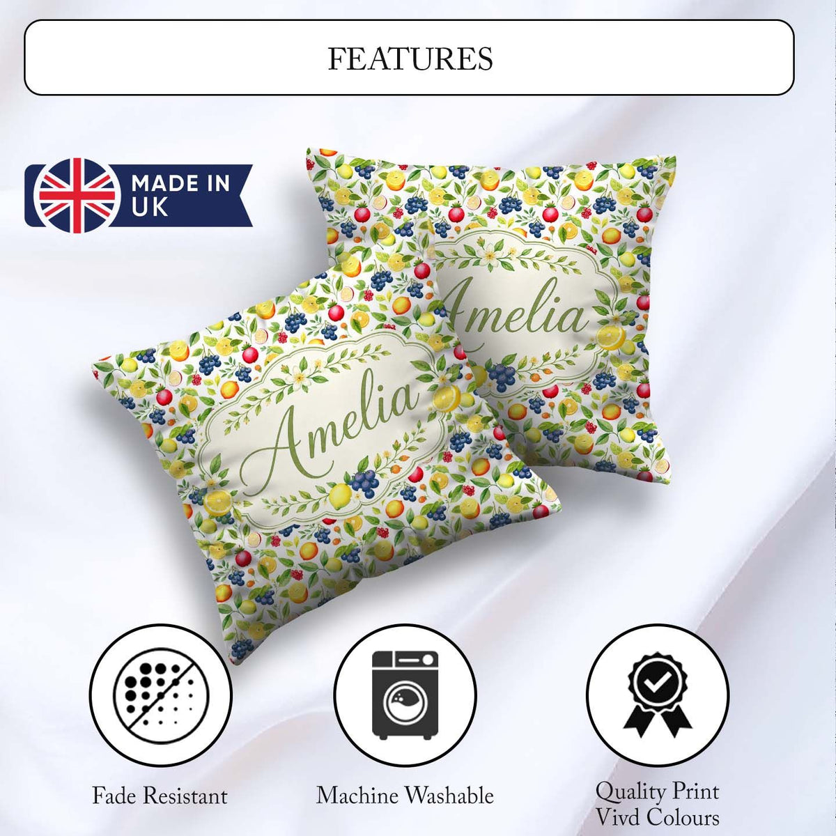 Custom Name Watercolor Citrus and Berry Botanical Pattern Lovely Square Filled Cushion Throw Pillow Sofa Bed Home Decor Zip Washable UK Made