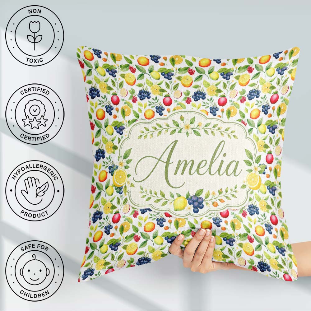 Custom Name Watercolor Citrus and Berry Botanical Pattern Lovely Square Filled Cushion Throw Pillow Sofa Bed Home Decor Zip Washable UK Made