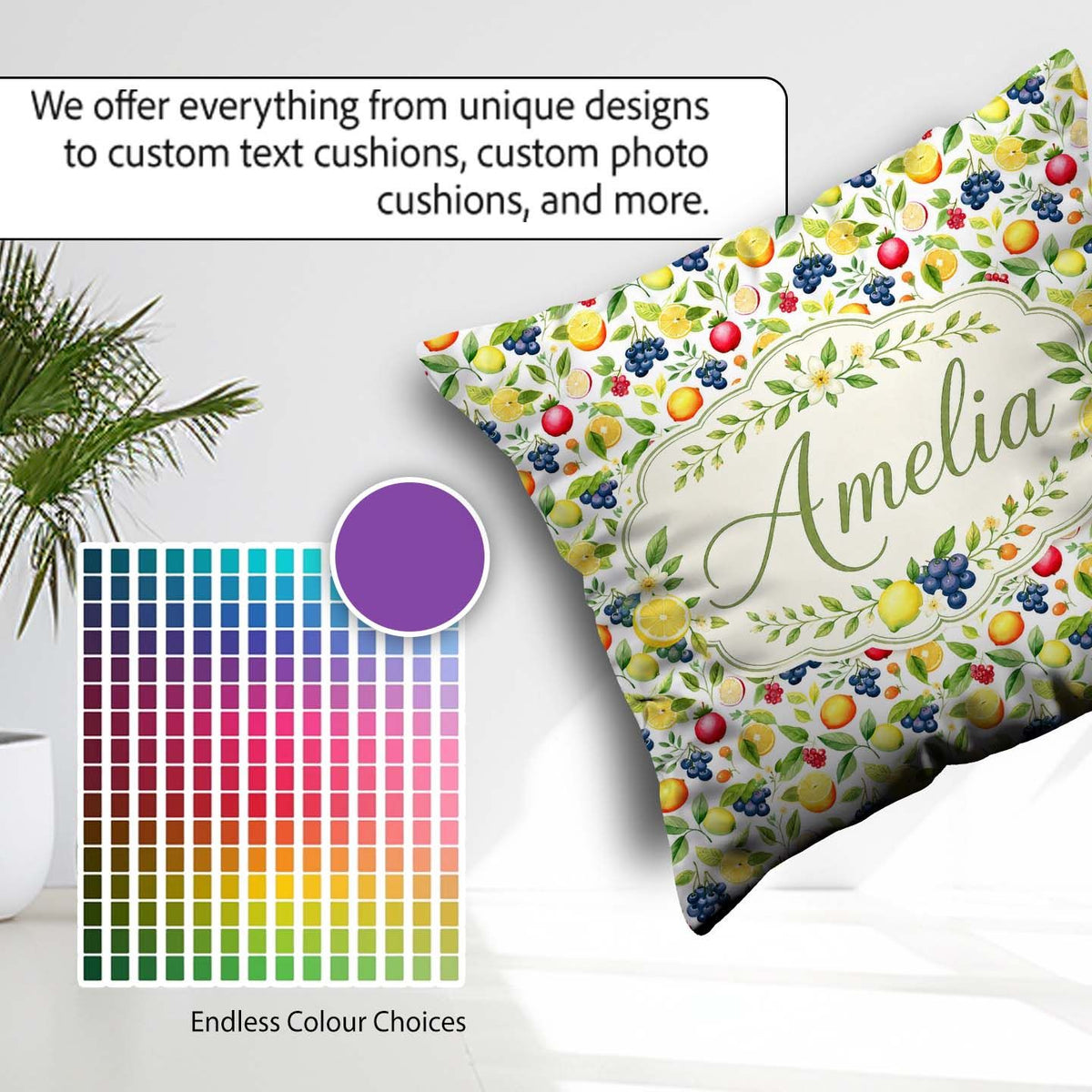 Custom Name Watercolor Citrus and Berry Botanical Pattern Lovely Square Filled Cushion Throw Pillow Sofa Bed Home Decor Zip Washable UK Made