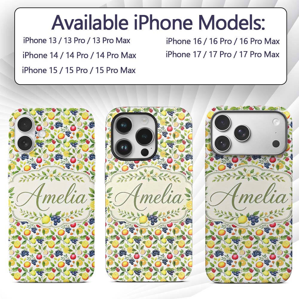Watercolor Citrus and Berry Botanical Seamless Custom Name Protective Phone Case Mobile Cover Durable Everyday Smartphone Shock Resistant