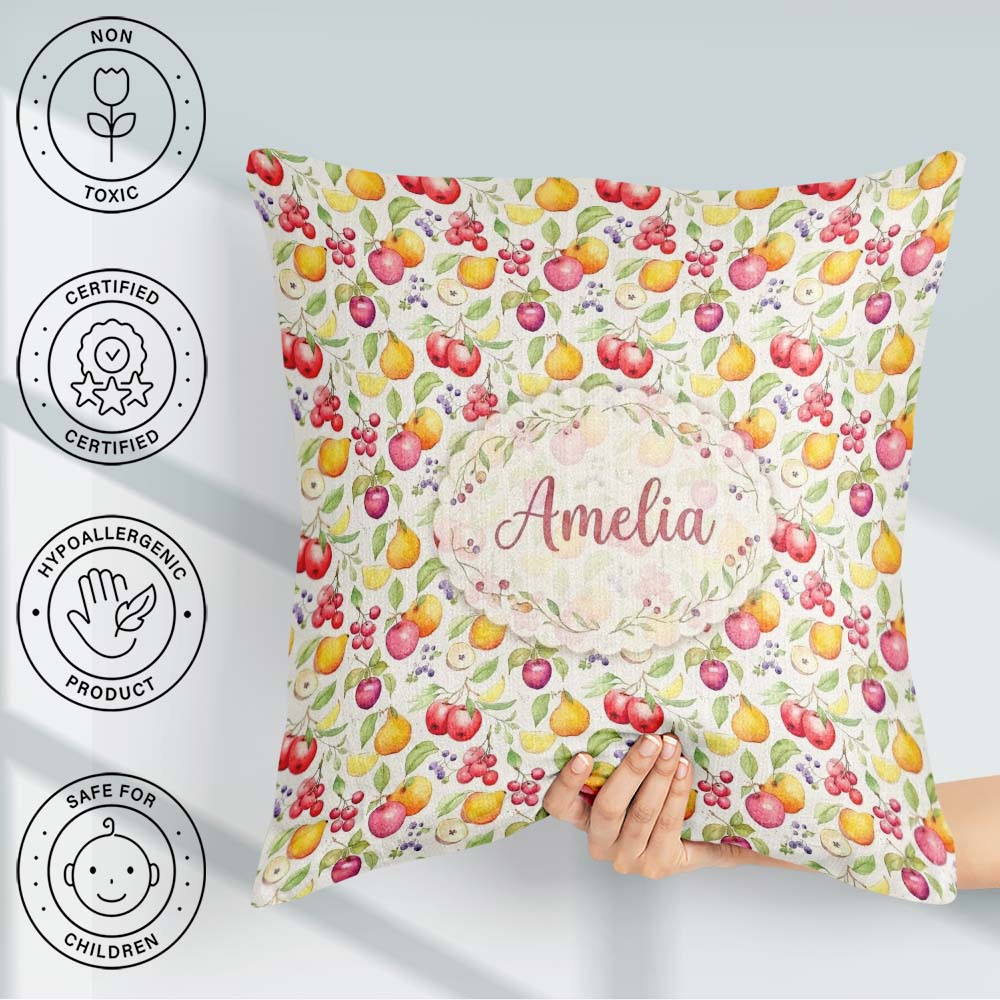 Custom Name Fresh Apple Pear and Cherry Seamless Pattern Lovely Square Filled Cushion Throw Pillow Sofa Bed Home Decor Zip Washable UK Made