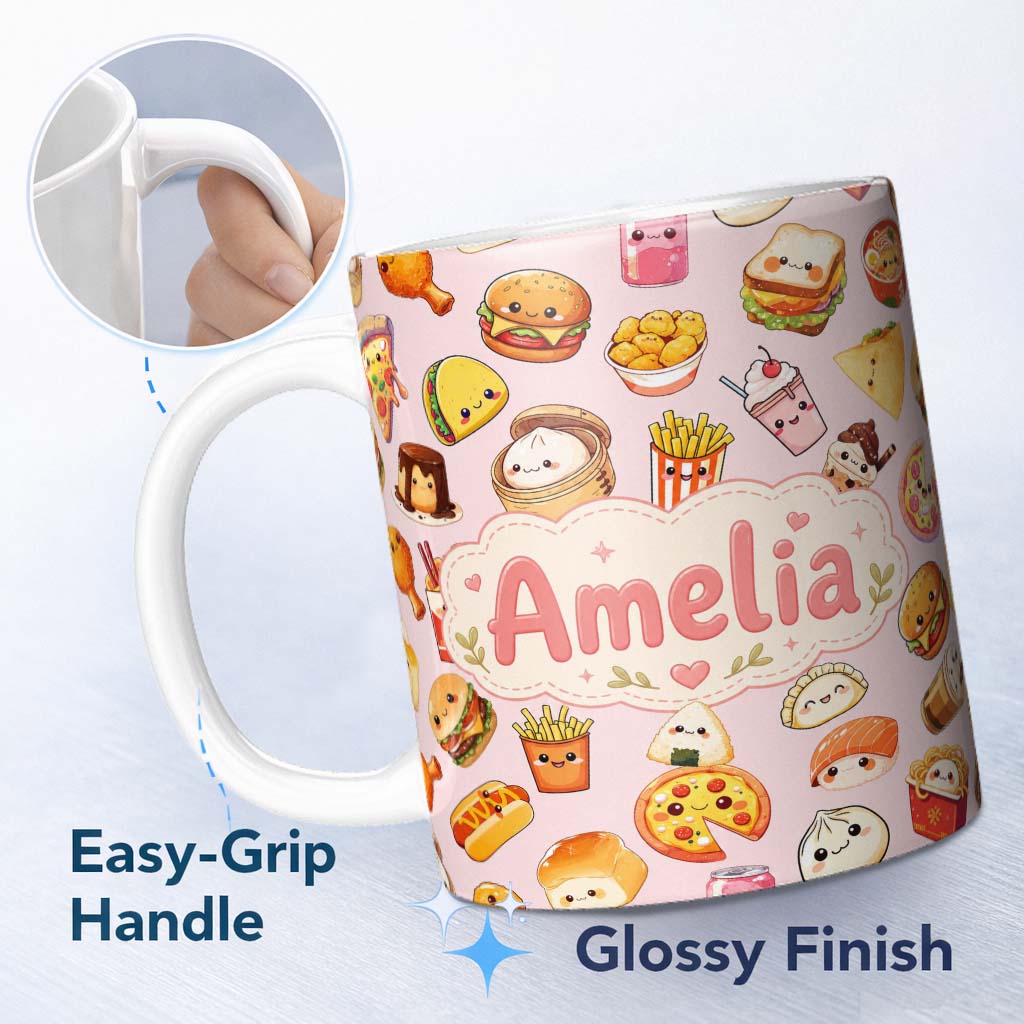 Personalized Custom Name Kawaii Fast Food Burger Sushi Taco Pizza Soft Pink Seamless Pattern 11oz Ceramic Coffee Tea Mug White Large Handle