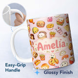 Personalized Custom Name Kawaii Fast Food Burger Sushi Taco Pizza Soft Pink Seamless Pattern 11oz Ceramic Coffee Tea Mug White Large Handle