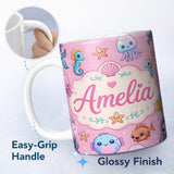 Personalized Custom Name Cute Kawaii Mermaid Seahorse Jellyfish and Starfish Soft Pink Lovely 11oz Ceramic Coffee Tea Mug White Large Handle