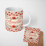 Personalized Custom Name Soft Red and Cream Poppy Meadow Seamless Pattern Cute Unique Gift 11oz Ceramic Coffee Tea Mug White Large Handle