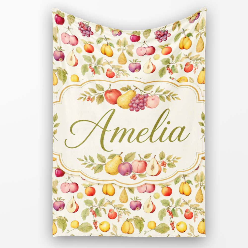 Vintage Botanical Orchard Fruits and Leaves Seamless Pattern Lovely  Personalised Custom Name Super Soft Fleece Blanket Bed Sofa Throw