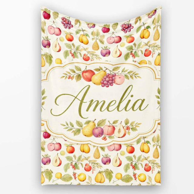 Vintage Botanical Orchard Fruits and Leaves Seamless Pattern Lovely  Personalised Custom Name Super Soft Fleece Blanket Bed Sofa Throw
