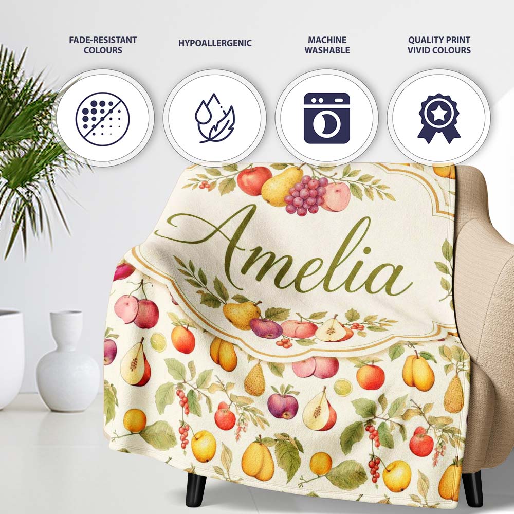 Vintage Botanical Orchard Fruits and Leaves Seamless Pattern Lovely  Personalised Custom Name Super Soft Fleece Blanket Bed Sofa Throw