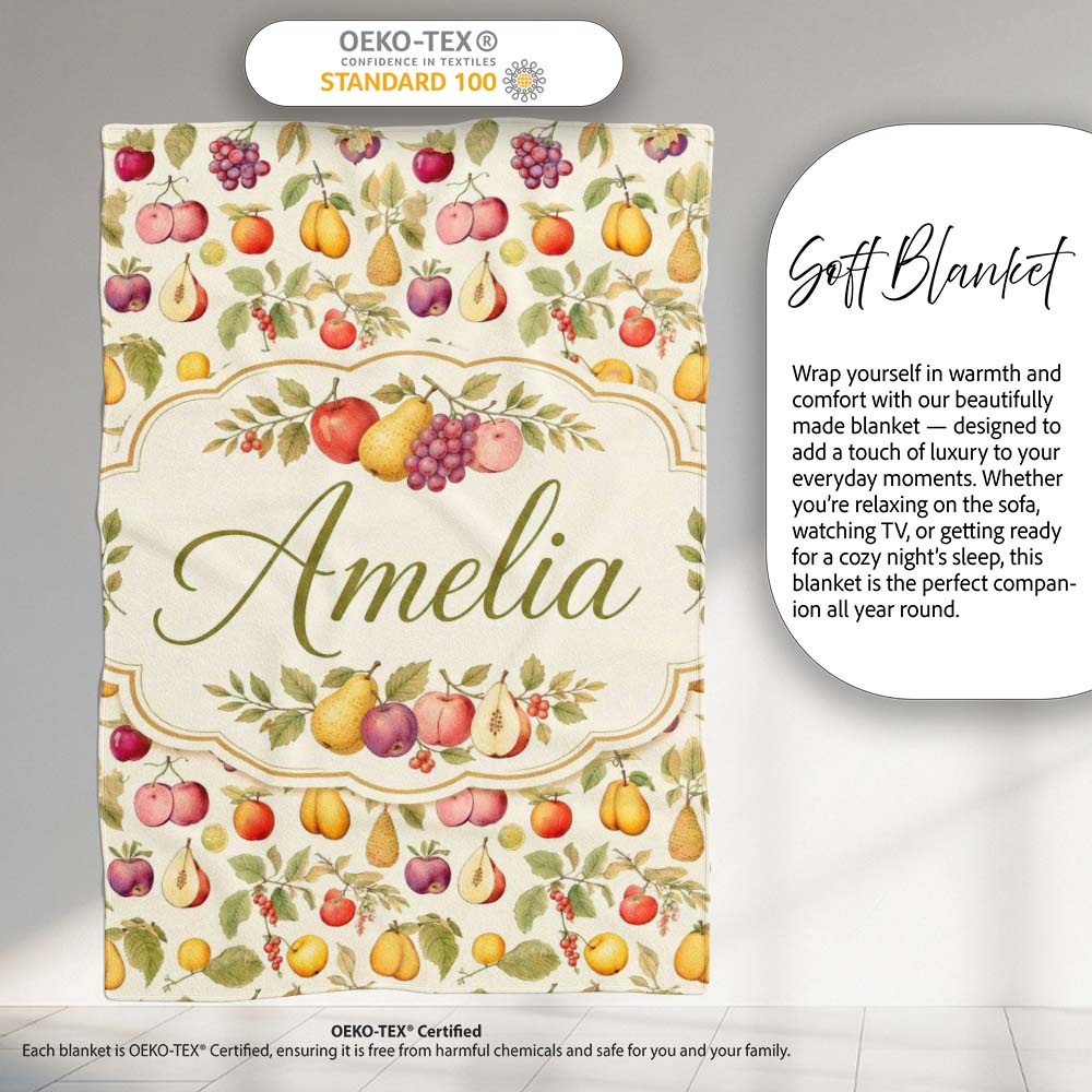 Vintage Botanical Orchard Fruits and Leaves Seamless Pattern Lovely  Personalised Custom Name Super Soft Fleece Blanket Bed Sofa Throw