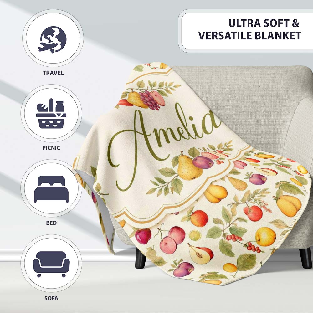 Vintage Botanical Orchard Fruits and Leaves Seamless Pattern Lovely  Personalised Custom Name Super Soft Fleece Blanket Bed Sofa Throw