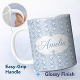 Personalized Custom Name Vintage Blue Rose Stripe Floral Seamless Pattern Cute Unique Gift 11oz Ceramic Coffee Tea Mug White Large Handle