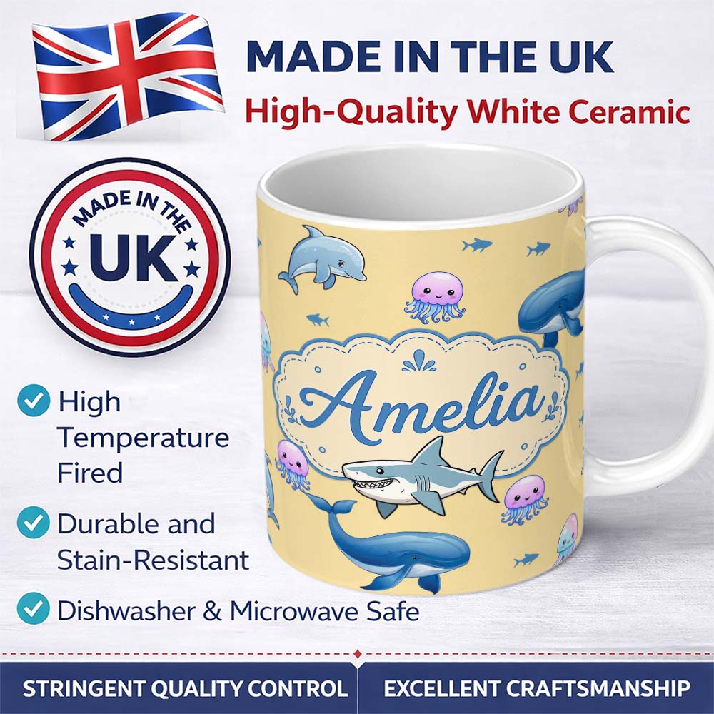 Personalized Custom Name Cute Dolphin Shark and Jellyfish Ocean Animals Warm Yellow Lovely 11oz Ceramic Coffee Tea Mug White Large Handle