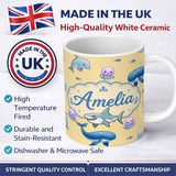 Personalized Custom Name Cute Dolphin Shark and Jellyfish Ocean Animals Warm Yellow Lovely 11oz Ceramic Coffee Tea Mug White Large Handle