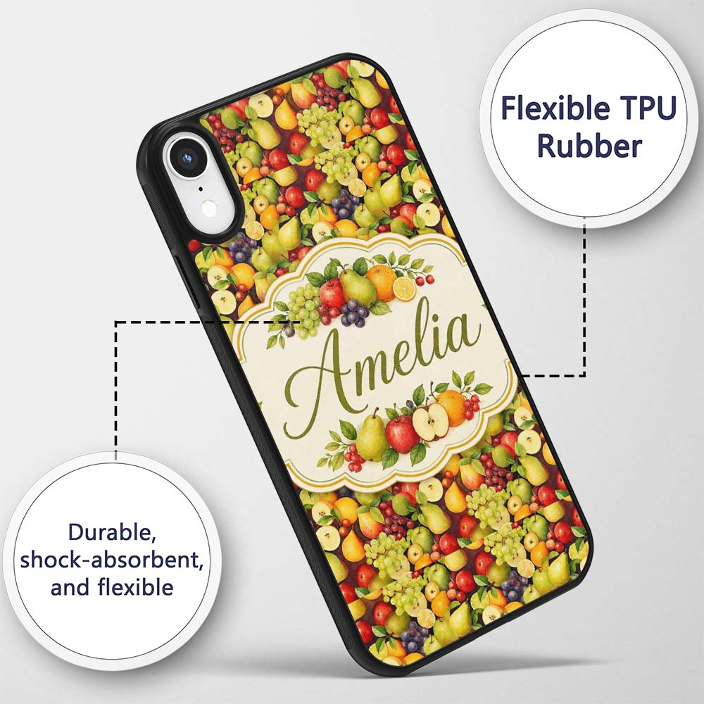 Rich Vintage Mixed Fruit Basket Seamless Pattern Custom Name Protective Phone Case Mobile Cover Durable Everyday Smartphone Shock Resistant