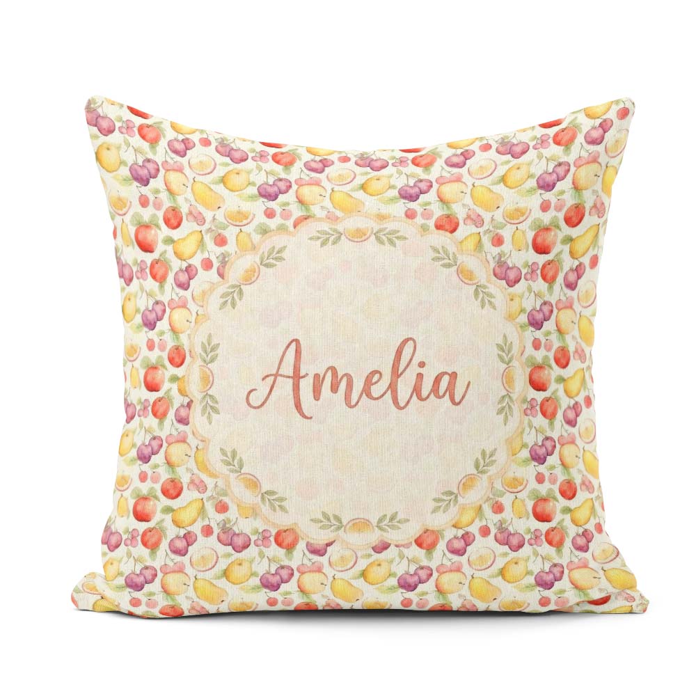 Custom Name Delicate Pastel Mixed Fruit Seamless Pattern Lovely Square Filled Cushion Throw Pillow Sofa Bed Home Decor Zip Washable UK Made