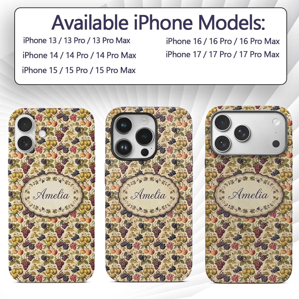 Classic Vintage Grapes Pear and Apple Botanical Custom Name Protective Phone Case Mobile Cover Durable Everyday Smartphone Shock Resistant