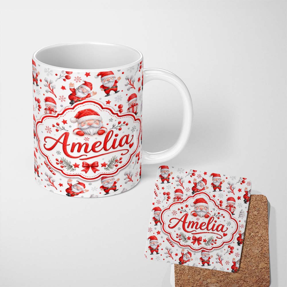 Personalized Custom Name Cute Santa Claus Gift Stars Snowflakes Seamless Pattern Lovely 11oz Ceramic Coffee Tea Mug White Large Handle