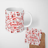 Personalized Custom Name Cute Santa Claus Gift Stars Snowflakes Seamless Pattern Lovely 11oz Ceramic Coffee Tea Mug White Large Handle