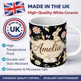 Personalized Custom Name Cute Bunny Rabbits Carrots Flowers Spring Garden Seamless Pattern 11oz Ceramic Coffee Tea Mug White Large Handle