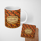 Personalized Custom Name Rich Autumn Floral Pattern with Orange and Rust Chrysanthemums in 11oz Ceramic Coffee Tea Mug White Large Handle