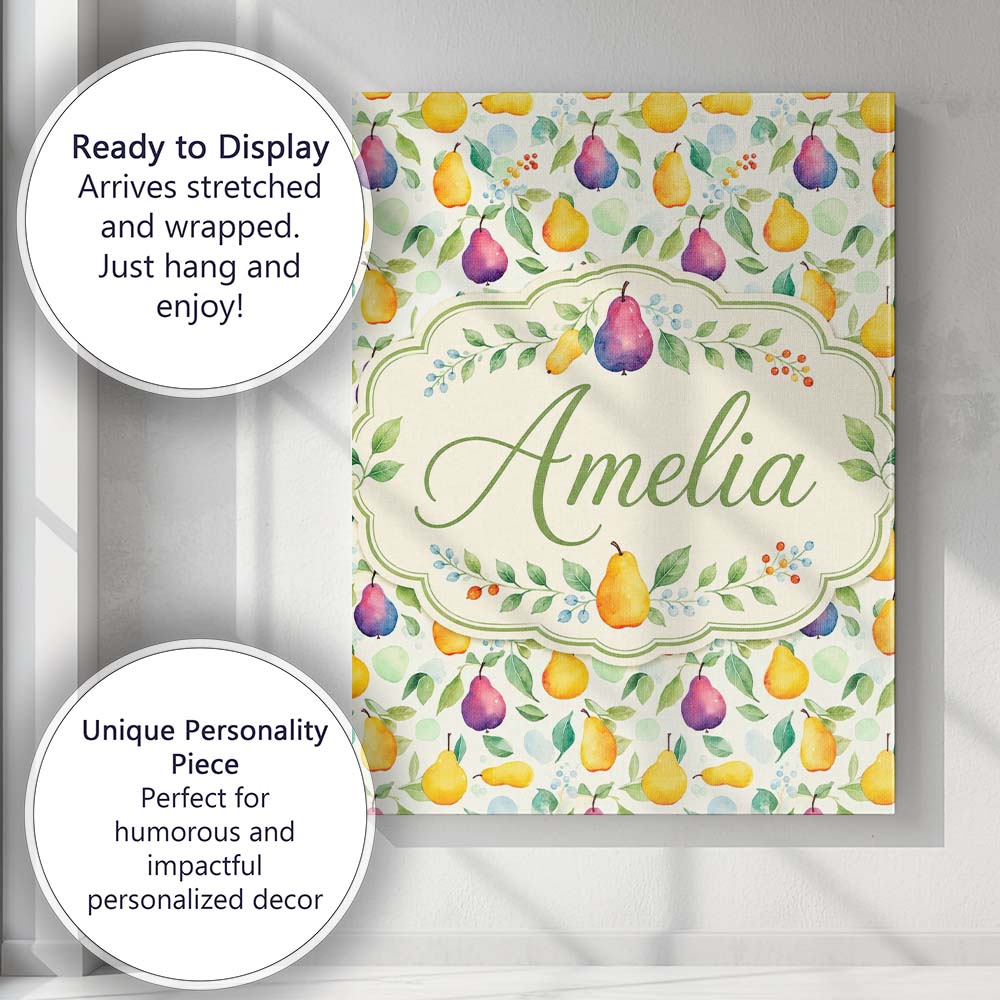 Personalised Name Soft Watercolor Pear and Custom  Unique Gift Idea Elegant Feature Canvas Wall Art Print Decor Picture Ready to Hang