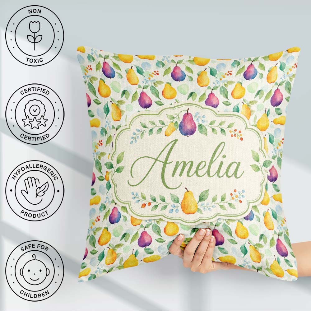 Custom Name Soft Watercolor Pear and Botanical Seamless Pattern Square Filled Cushion Throw Pillow Sofa Bed Home Decor Zip Washable UK Made