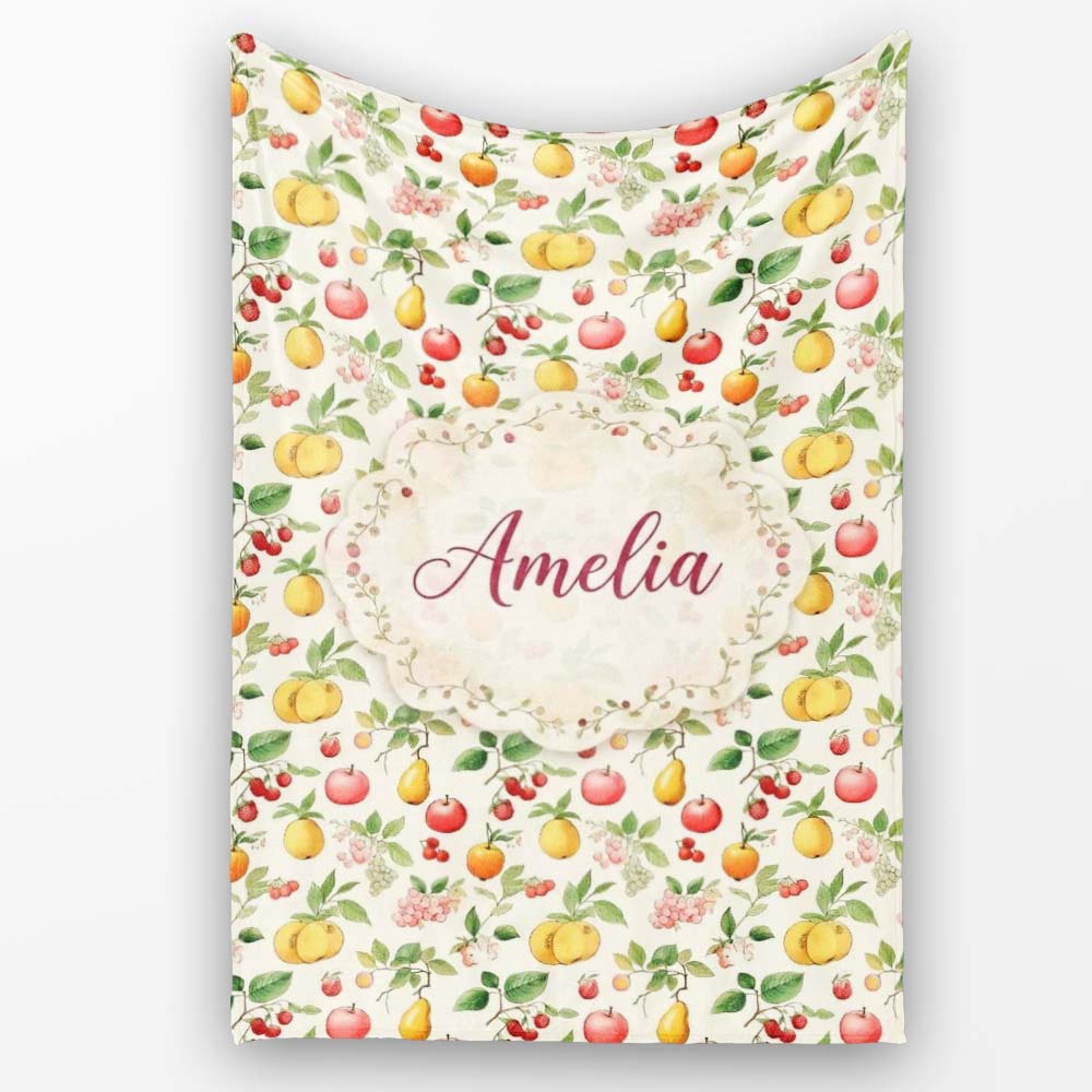 Vintage Style Orchard Fruits and Blossoms Seamless Pattern Lovely  Personalised Custom Name Super Soft Fleece Blanket Bed Sofa Throw