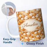Personalized Custom Name Cream Puff Pastry Dessert Seamless Pattern Perfect Gift for Her 11oz Ceramic Coffee Tea Mug White Large Handle