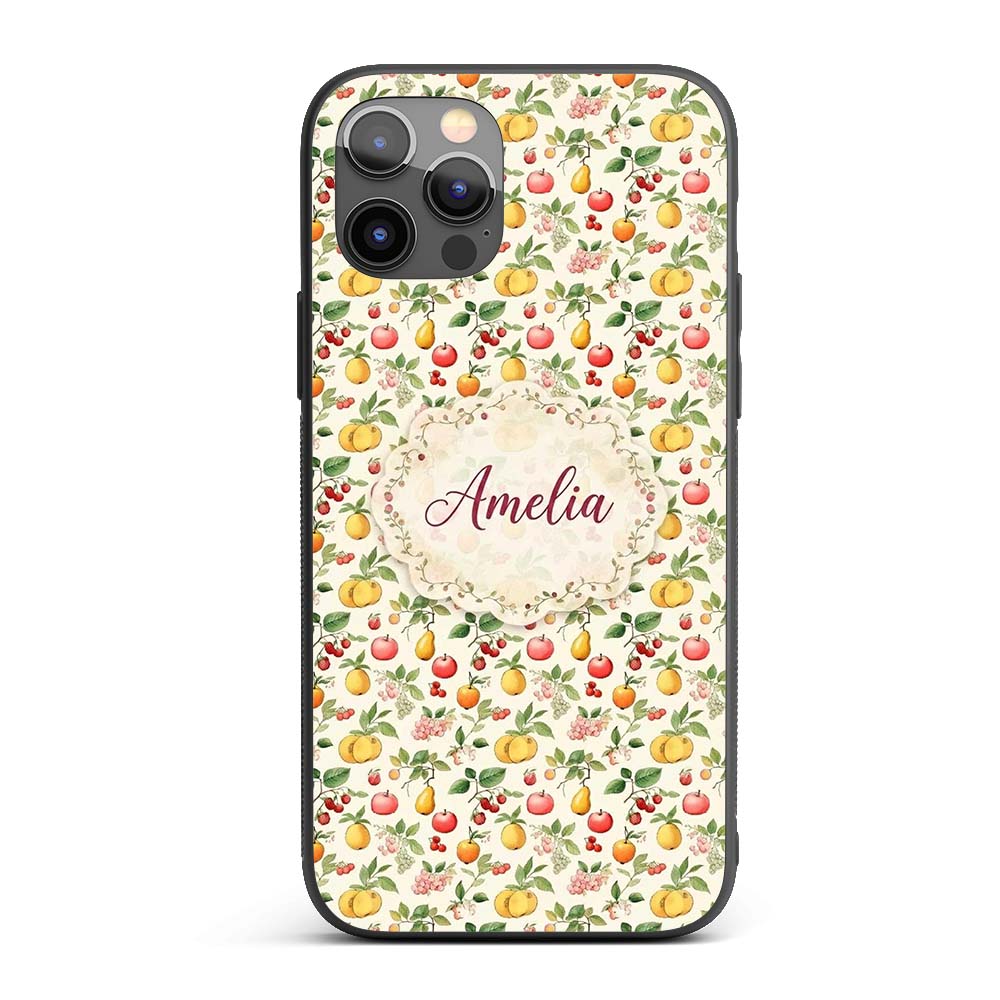 Vintage Style Orchard Fruits and Printed Design Custom Name Protective Phone Case Mobile Cover Durable Everyday Smartphone Shock Resistant