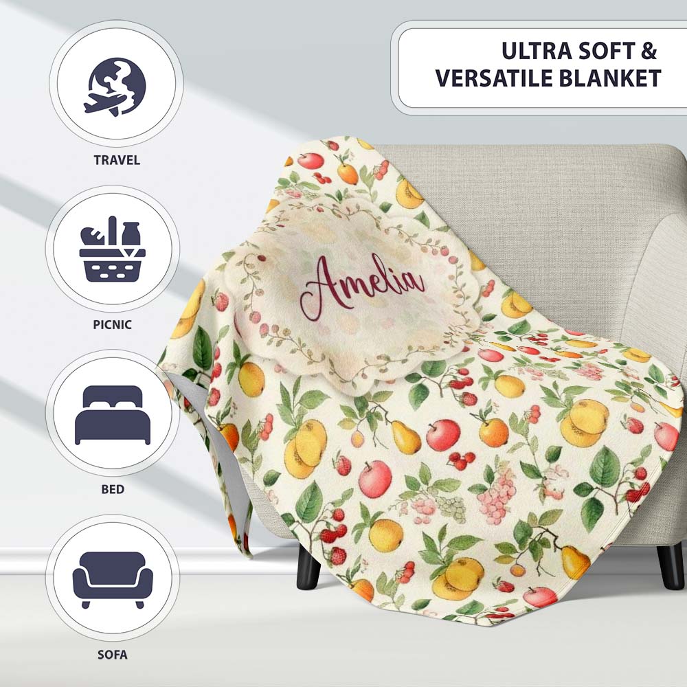 Vintage Style Orchard Fruits and Blossoms Seamless Pattern Lovely  Personalised Custom Name Super Soft Fleece Blanket Bed Sofa Throw