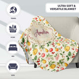 Vintage Style Orchard Fruits and Blossoms Seamless Pattern Lovely  Personalised Custom Name Super Soft Fleece Blanket Bed Sofa Throw