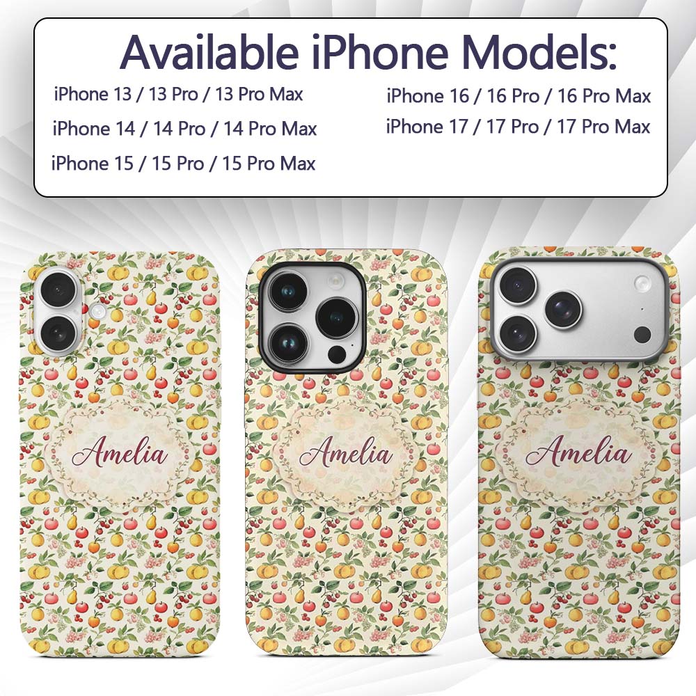 Vintage Style Orchard Fruits and Printed Design Custom Name Protective Phone Case Mobile Cover Durable Everyday Smartphone Shock Resistant