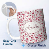 Personalized Custom Name Elegant Pink Floral Blossom Branch Seamless Pattern Cute Unique Gift 11oz Ceramic Coffee Tea Mug White Large Handle