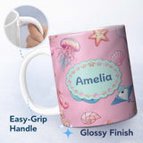 Personalized Custom Name Cute Blue Mermaid Jellyfish Seahorse and Ocean Creatures Soft Pink 11oz Ceramic Coffee Tea Mug White Large Handle