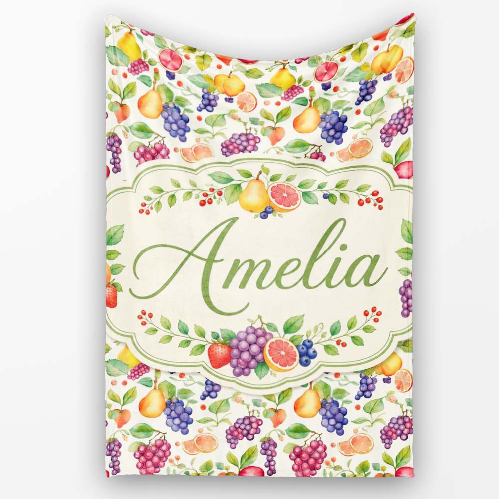 Fresh Watercolor Grapes Pear and Citrus Mix Seamless Pattern Lovely  Personalised Custom Name Super Soft Fleece Blanket Bed Sofa Throw