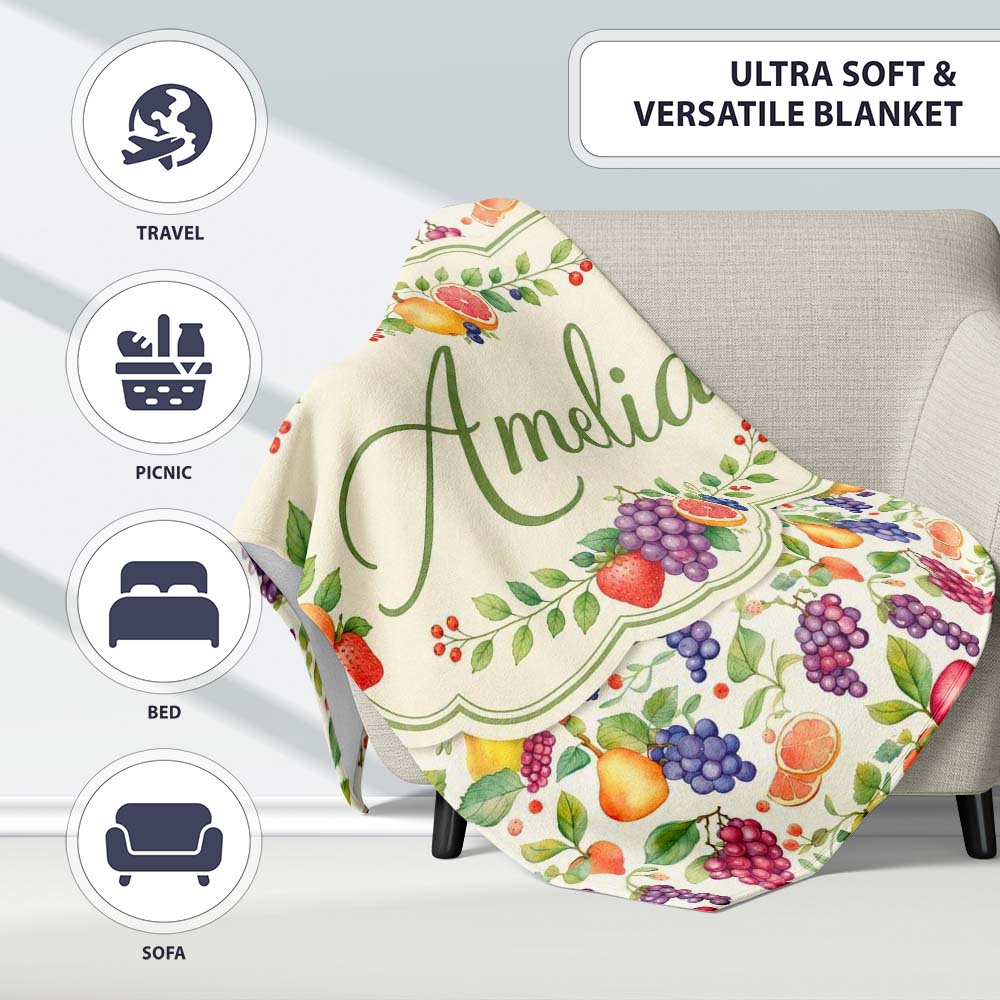 Fresh Watercolor Grapes Pear and Citrus Mix Seamless Pattern Lovely  Personalised Custom Name Super Soft Fleece Blanket Bed Sofa Throw