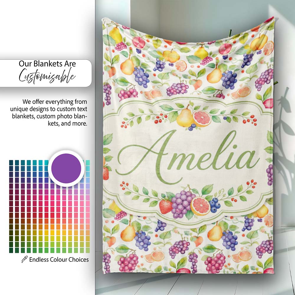 Fresh Watercolor Grapes Pear and Citrus Mix Seamless Pattern Lovely  Personalised Custom Name Super Soft Fleece Blanket Bed Sofa Throw