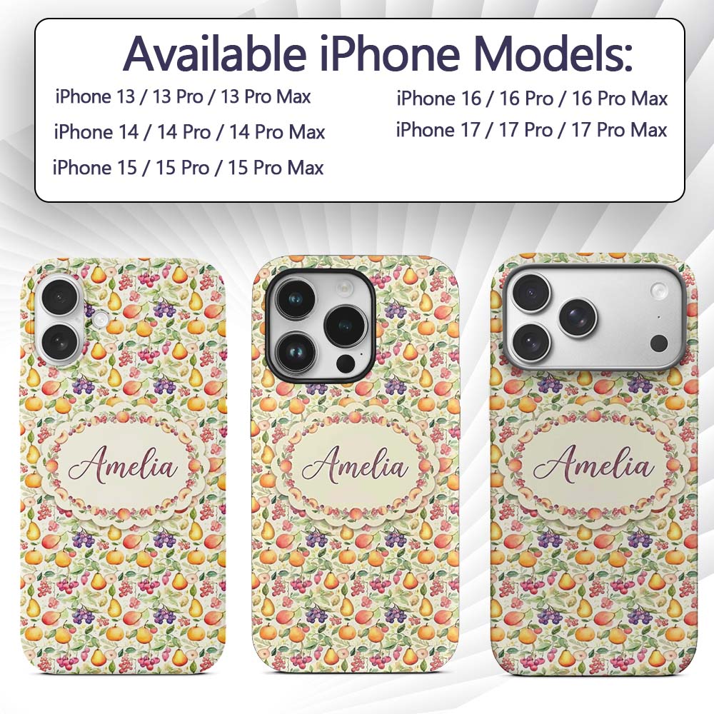 Light Pastel Watercolor Mixed Fruit and Leaves Custom Name Protective Phone Case Mobile Cover Durable Everyday Smartphone Shock Resistant