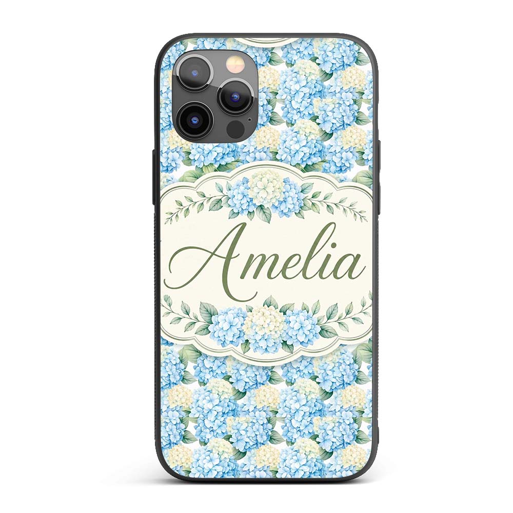 Soft Blue Hydrangea Floral Decorative Design Custom Name Protective Phone Case Mobile Cover Durable Everyday Smartphone Shock Resistant