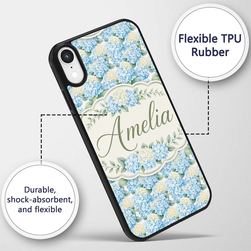 Soft Blue Hydrangea Floral Decorative Design Custom Name Protective Phone Case Mobile Cover Durable Everyday Smartphone Shock Resistant