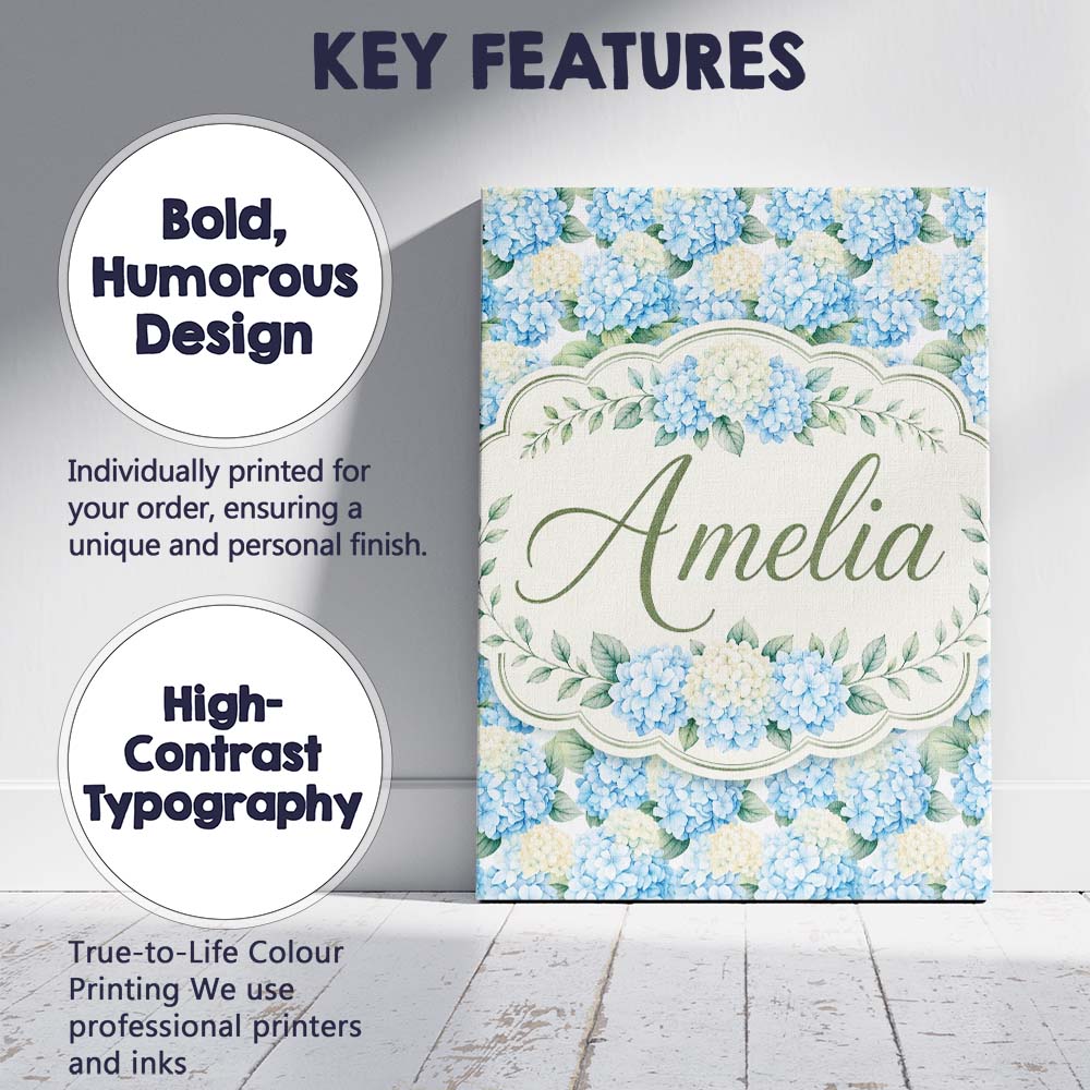 Personalised Name Soft Blue Hydrangea Custom Modern Room Accent Creative Decorator Style Canvas Wall Art Print Decor Picture Ready to Hang