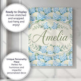 Personalised Name Soft Blue Hydrangea Custom Modern Room Accent Creative Decorator Style Canvas Wall Art Print Decor Picture Ready to Hang