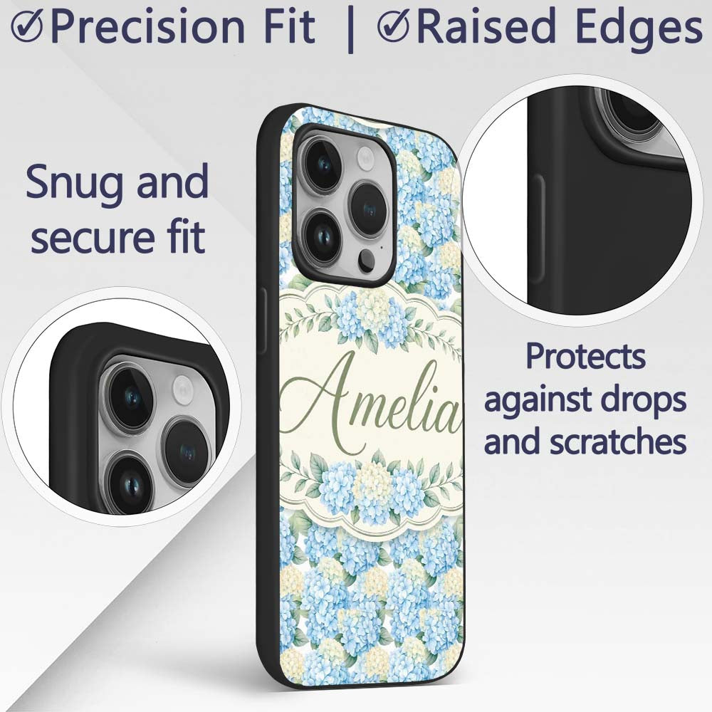 Soft Blue Hydrangea Floral Decorative Design Custom Name Protective Phone Case Mobile Cover Durable Everyday Smartphone Shock Resistant