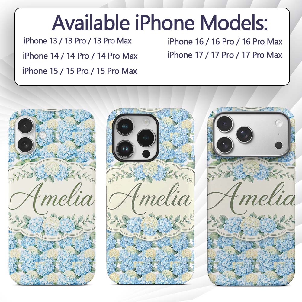 Soft Blue Hydrangea Floral Decorative Design Custom Name Protective Phone Case Mobile Cover Durable Everyday Smartphone Shock Resistant