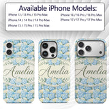 Soft Blue Hydrangea Floral Decorative Design Custom Name Protective Phone Case Mobile Cover Durable Everyday Smartphone Shock Resistant