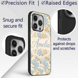 Vintage Blue and Cream Hydrangea Floral Seamless Custom Name Protective Phone Case Mobile Cover Durable Everyday Smartphone Shock Resistant