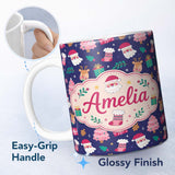 Personalized Custom Name Cute Santa Reindeer Tree Gift Dark Seamless Pattern Cute Unique Gift 11oz Ceramic Coffee Tea Mug White Large Handle