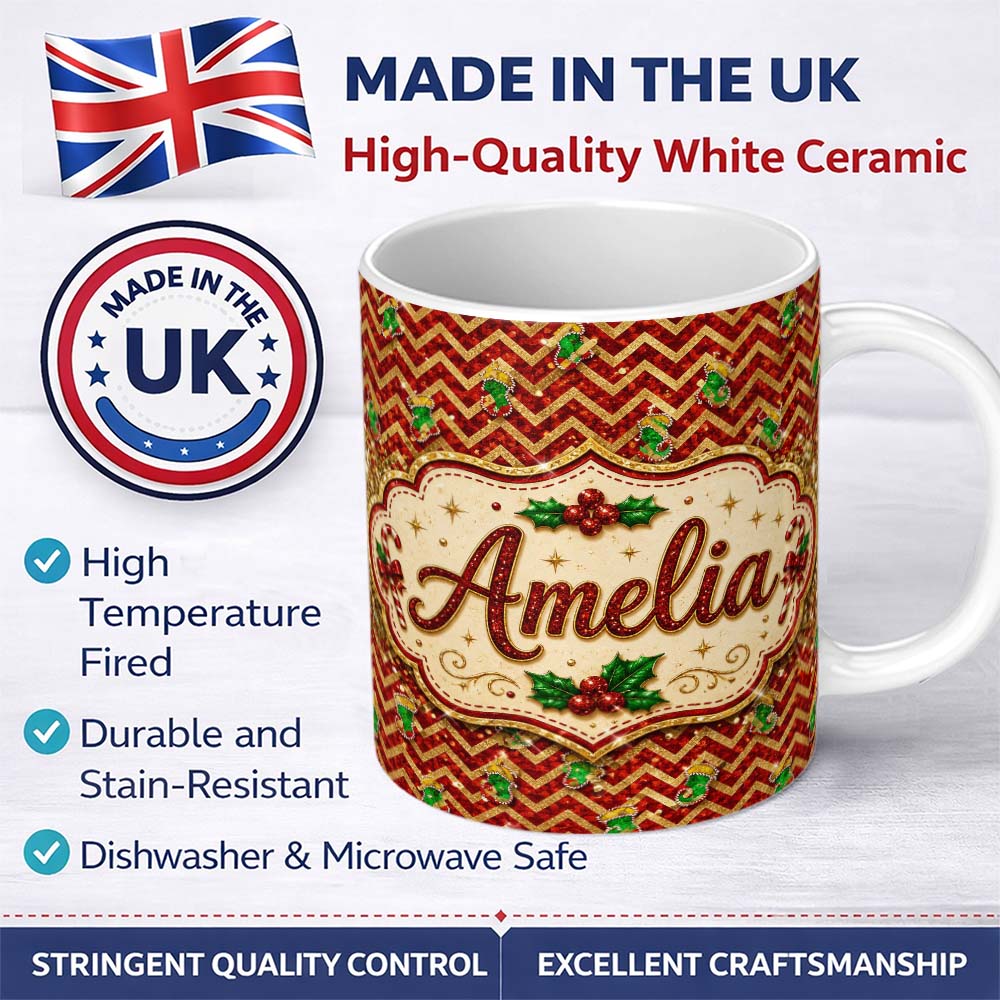 Personalized Custom Name Festive Red Chevron Gingerbread Leopard Glitter Seamless Pattern 11oz Ceramic Coffee Tea Mug White Large Handle