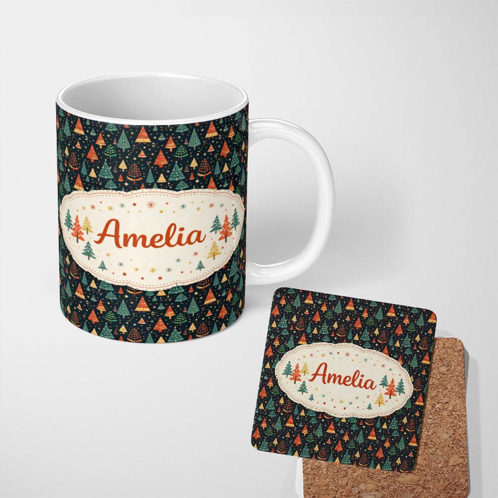 Personalized Custom Name Christmas Tree Scandinavian Dark Background Seamless Pattern Lovely 11oz Ceramic Coffee Tea Mug White Large Handle