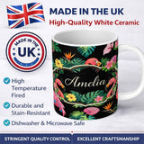 Personalized Custom Name Tropical Flamingo with Hibiscus Flowers and Leaves Black Background 11oz Ceramic Coffee Tea Mug White Large Handle
